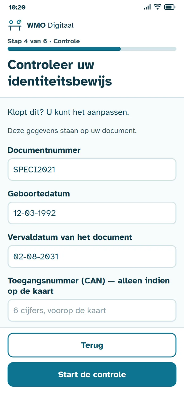 Stap 4 van 6: documentnummer, geboortedatum en vervaldatum, ingevuld vanaf de foto.