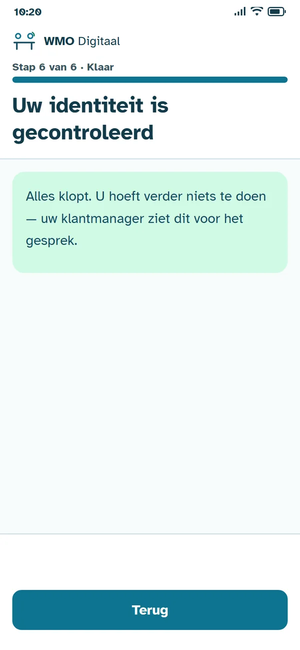 Stap 6 van 6: 'Uw identiteit is gecontroleerd' in een groen vlak.