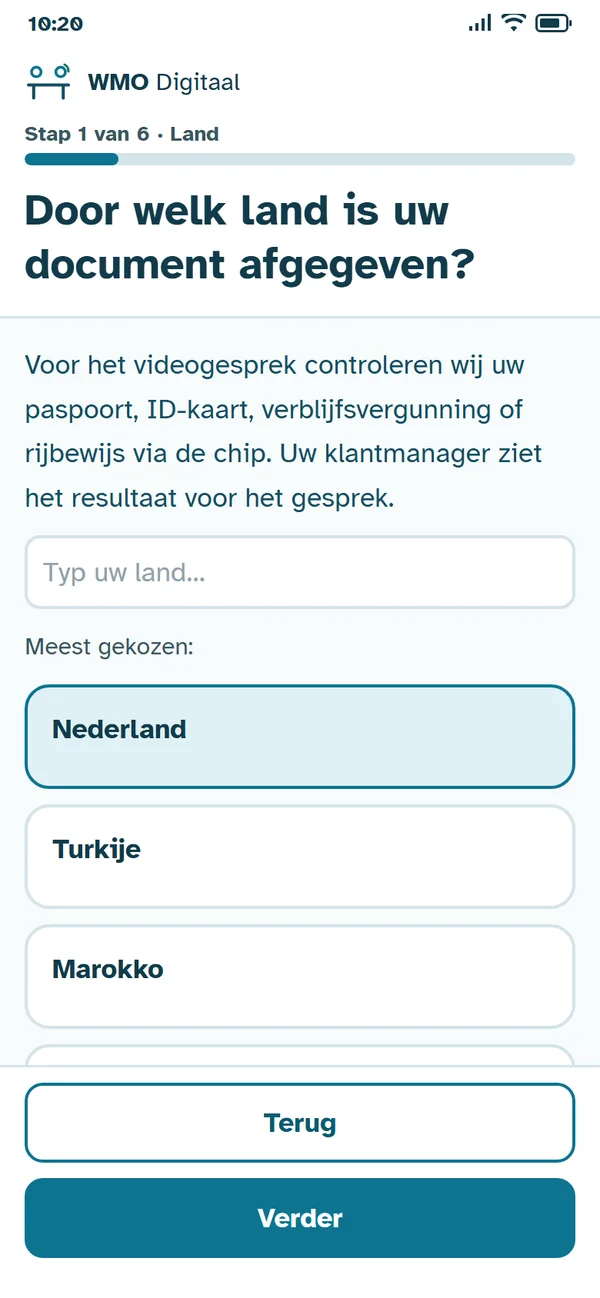 Stap 1 van 6: 'Door welk land is uw document afgegeven?' met Nederland gekozen.