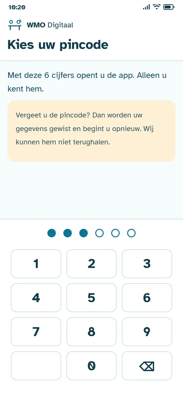 App-scherm 'Kies uw pincode' met een waarschuwing, zes bolletjes waarvan drie gevuld en een groot cijfertoetsenbord.