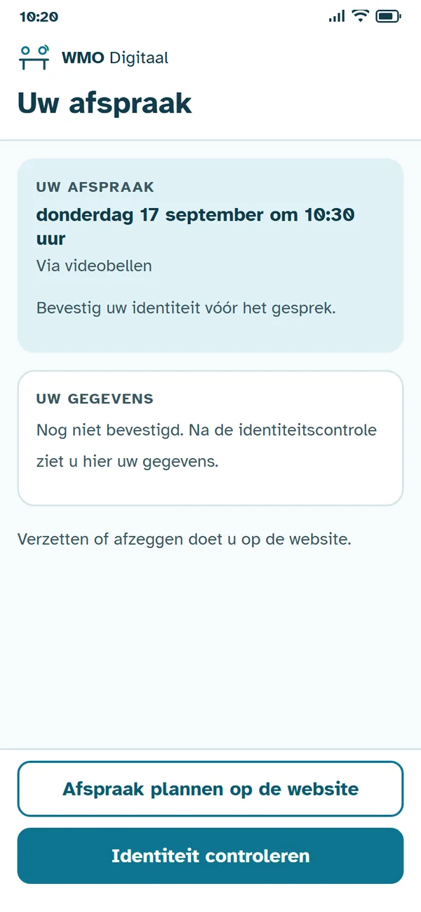 Startscherm 'Uw afspraak': donderdag 17 september om 10:30 uur via videobellen, met de knop 'Identiteit controleren'.