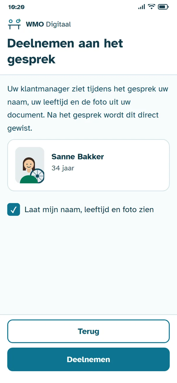 'Deelnemen aan het gesprek': uitleg wat de klantmanager ziet, met naam, leeftijd en foto, en een aangevinkt vakje 'Laat mijn naam, leeftijd en foto zien'.