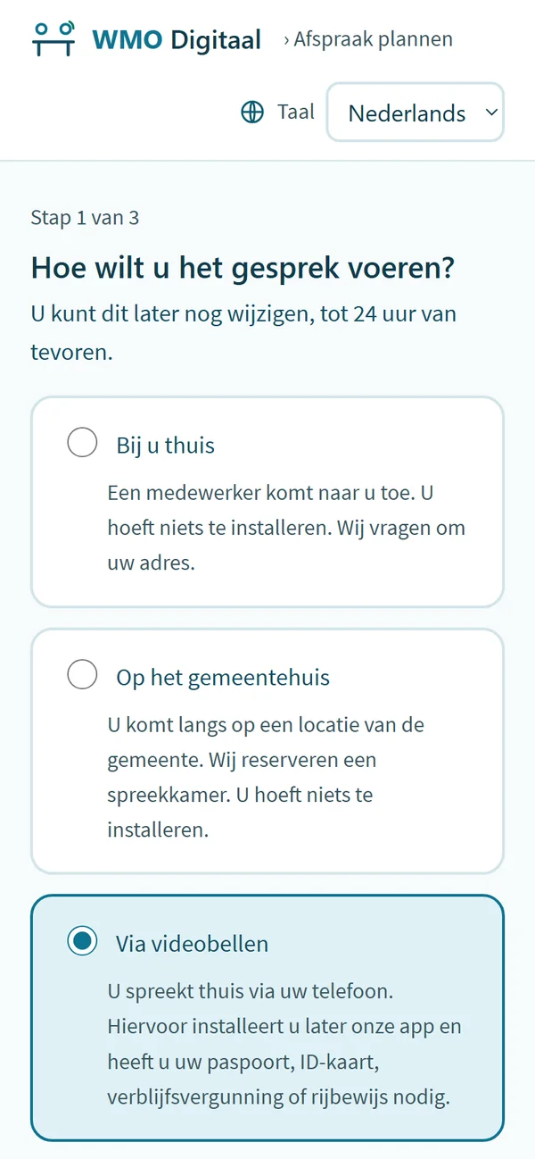 Afspraakpagina, stap 1 van 3: 'Hoe wilt u het gesprek voeren?' met drie keuzes; 'Via videobellen' is gekozen.